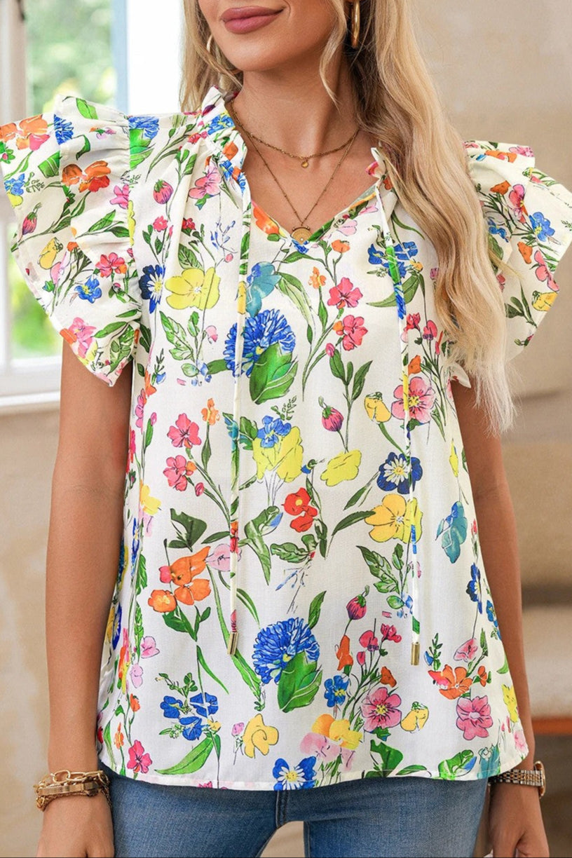 Floral Ruffle Tiered Sleeve Blouse