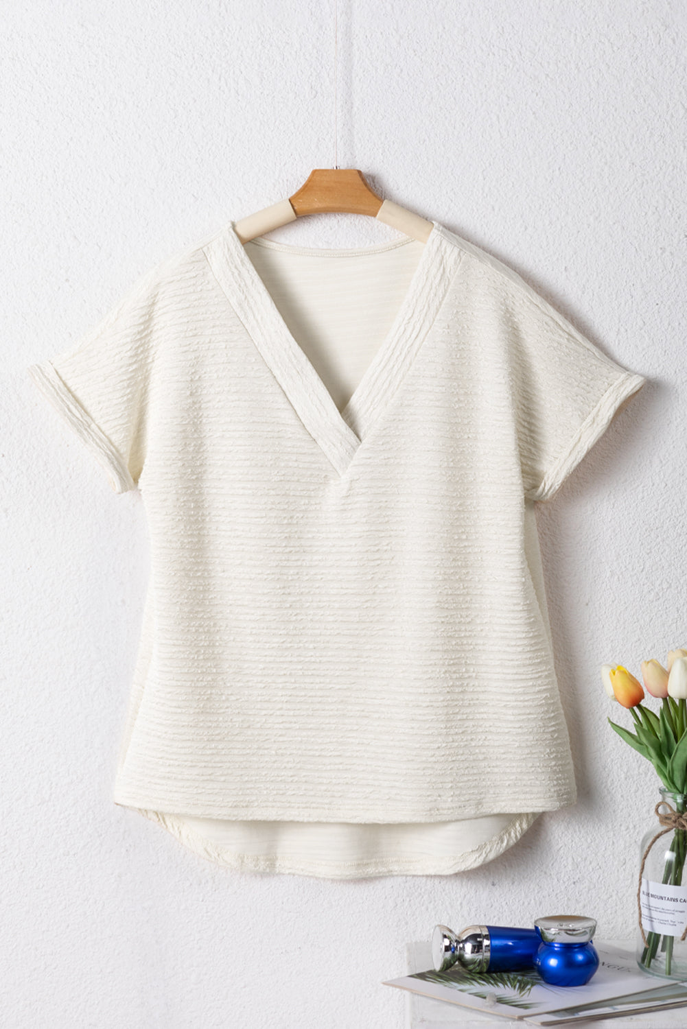 Textured Wide Sleeve V-Neck T-Shirt