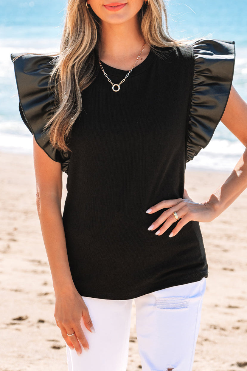 Leather Patchwork Ruffle Sleeve Blouse