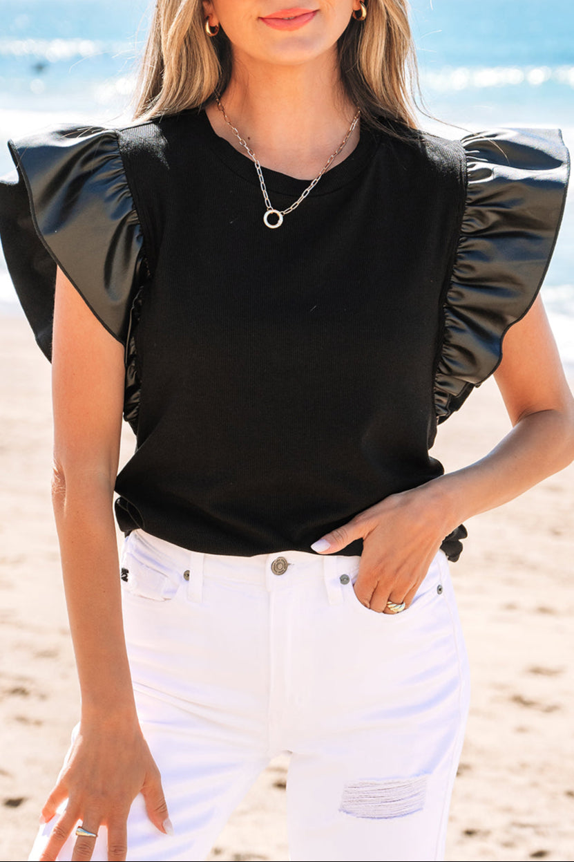 Leather Patchwork Ruffle Sleeve Blouse
