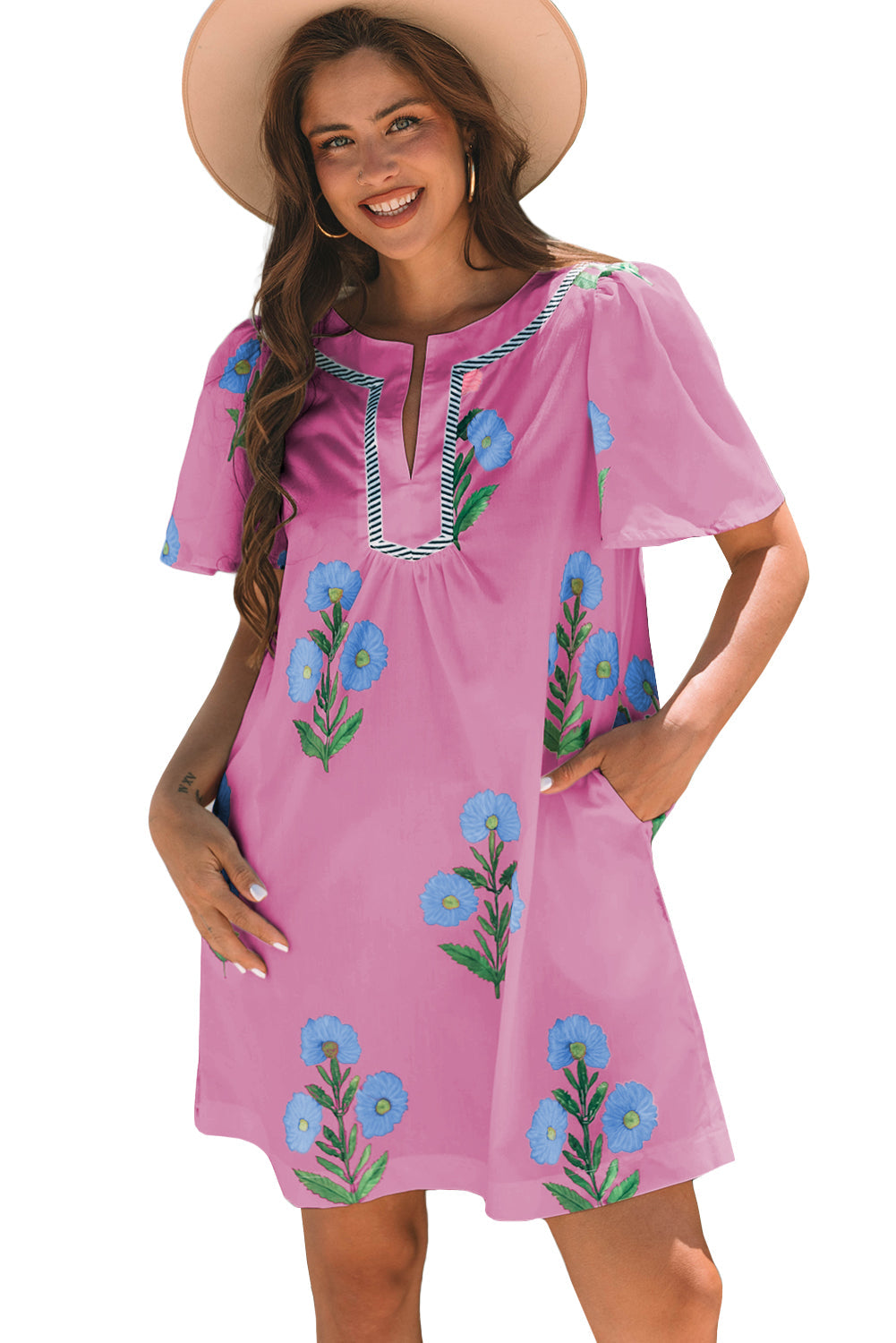 Floral Split Neck Mini Dress