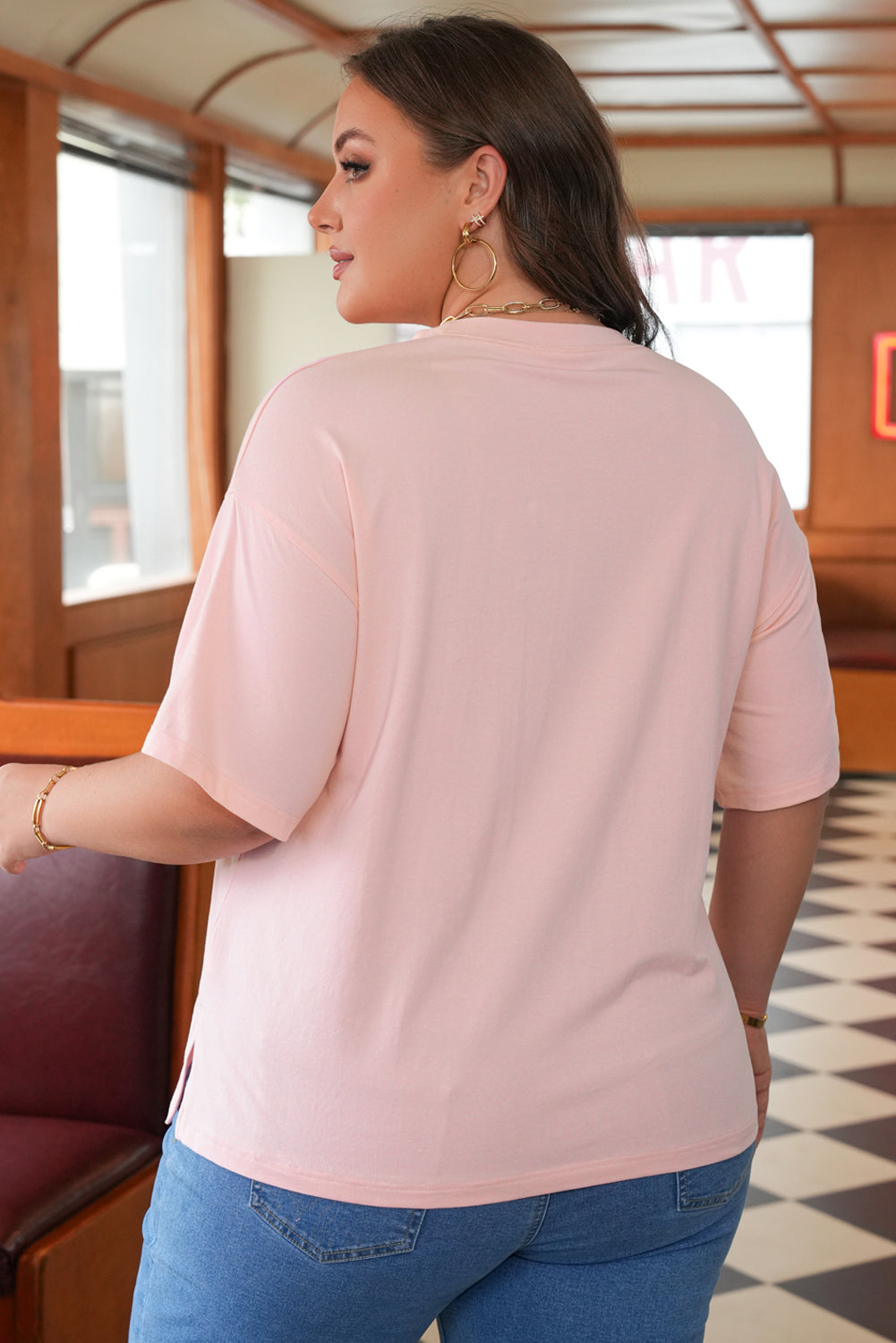 Plus Size Star Eyelet Knit Patchwork T-Shirt