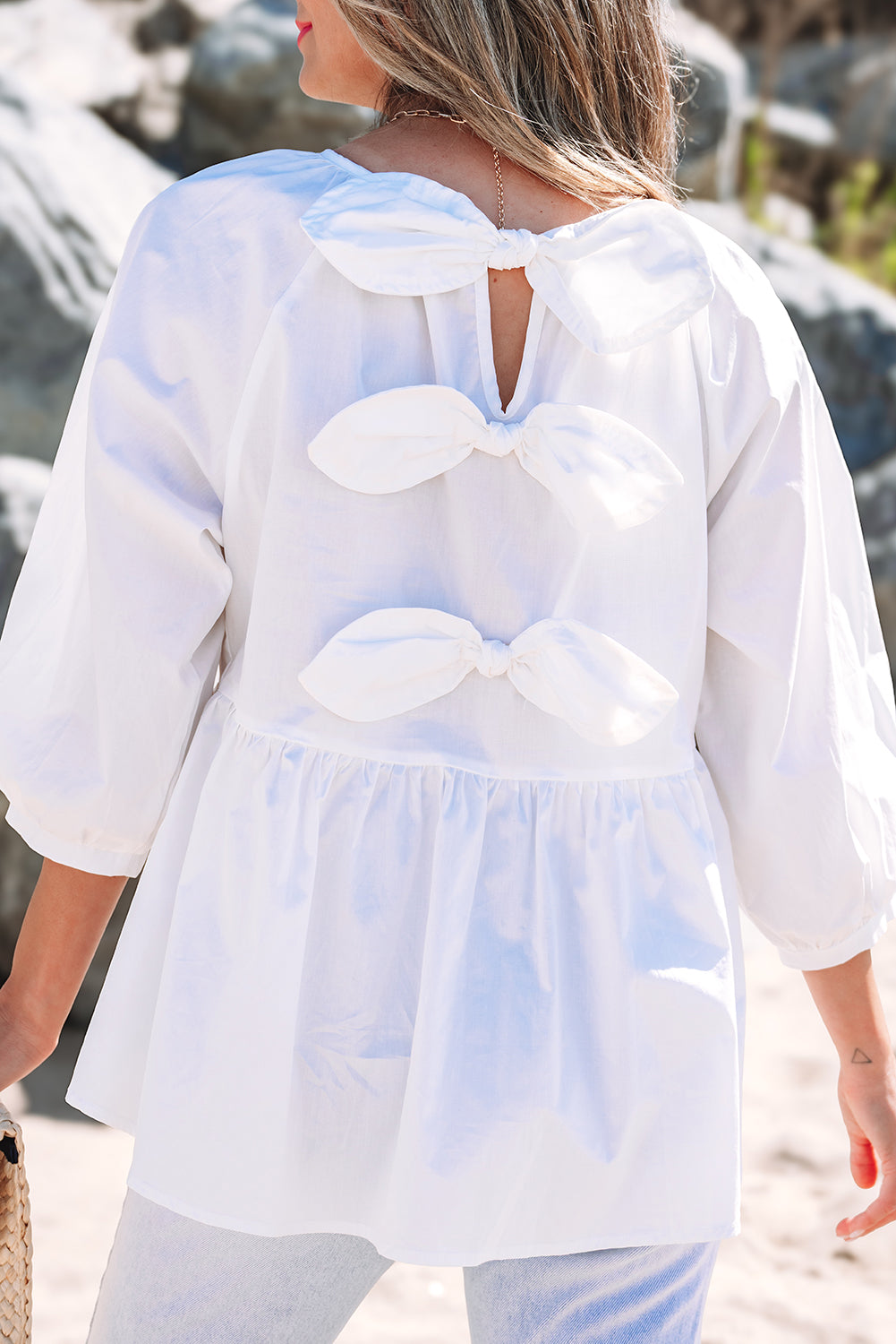 Bow Cutout Back 3/4 Sleeve Blouse