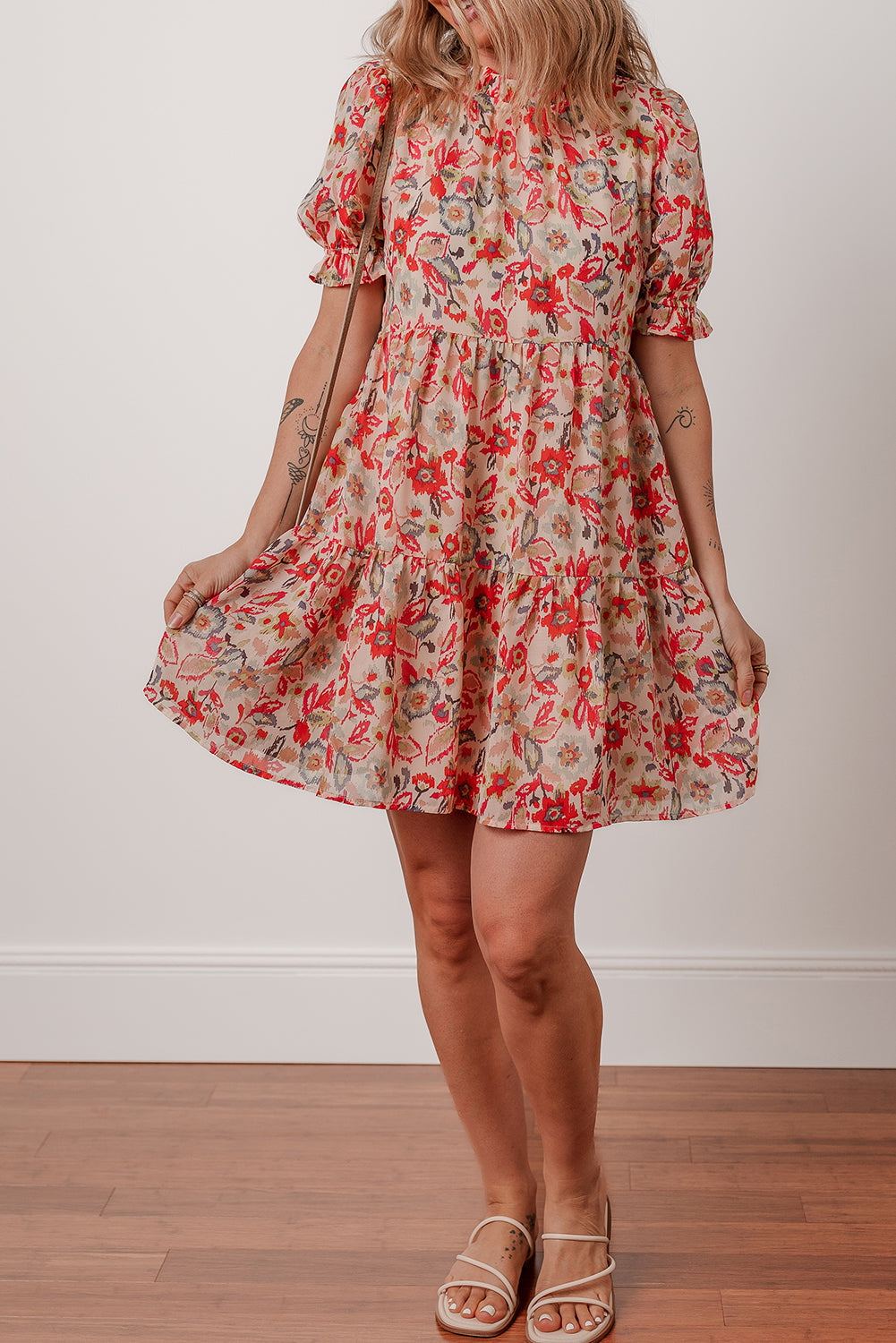 Floral Frilled Neck Mini Dress