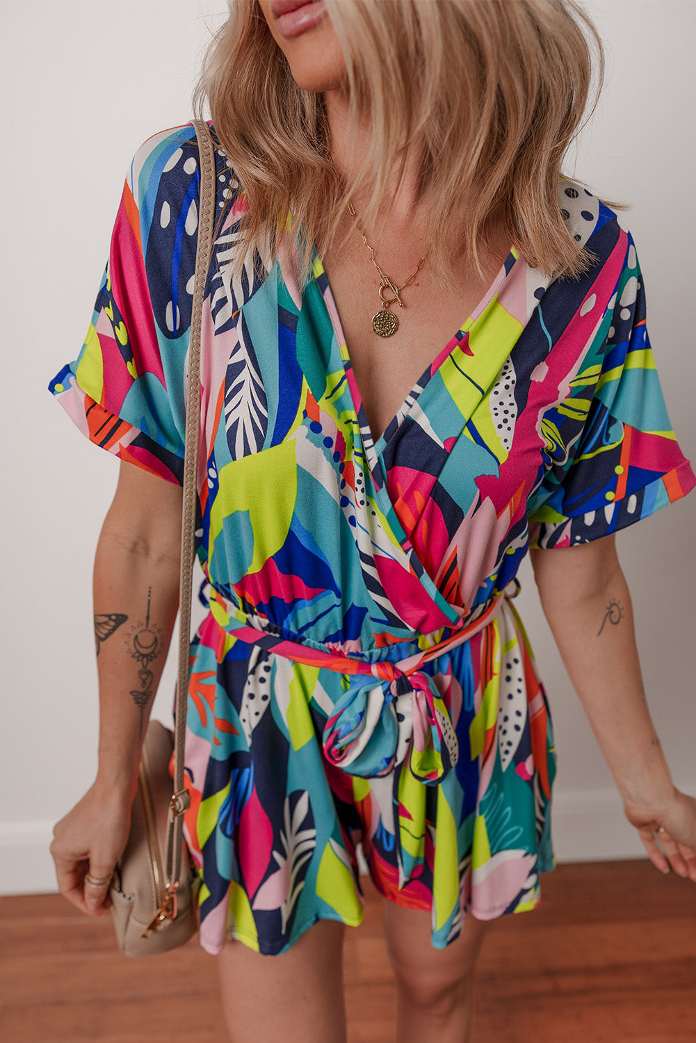 Tropical Wrap V-Neck Belted Romper