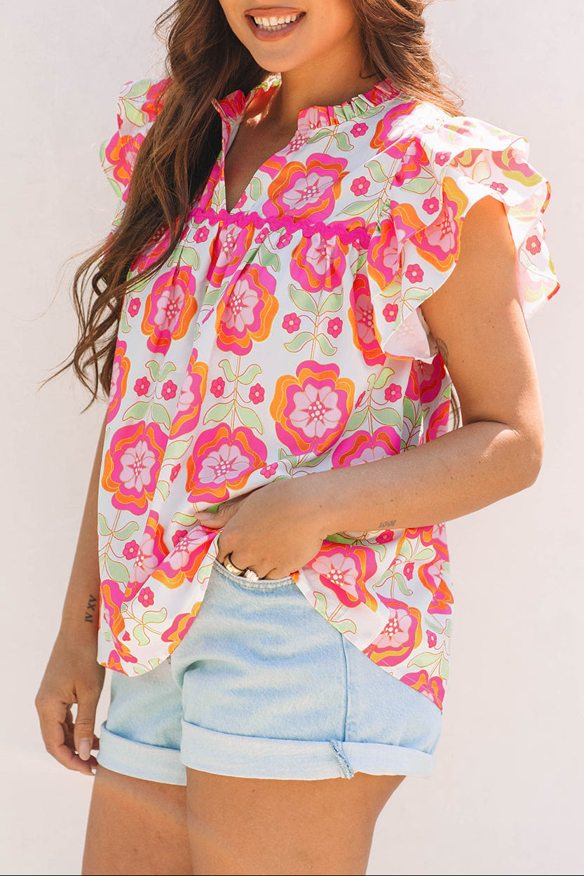 Floral Ric-Rac Ruffle Sleeve Blouse
