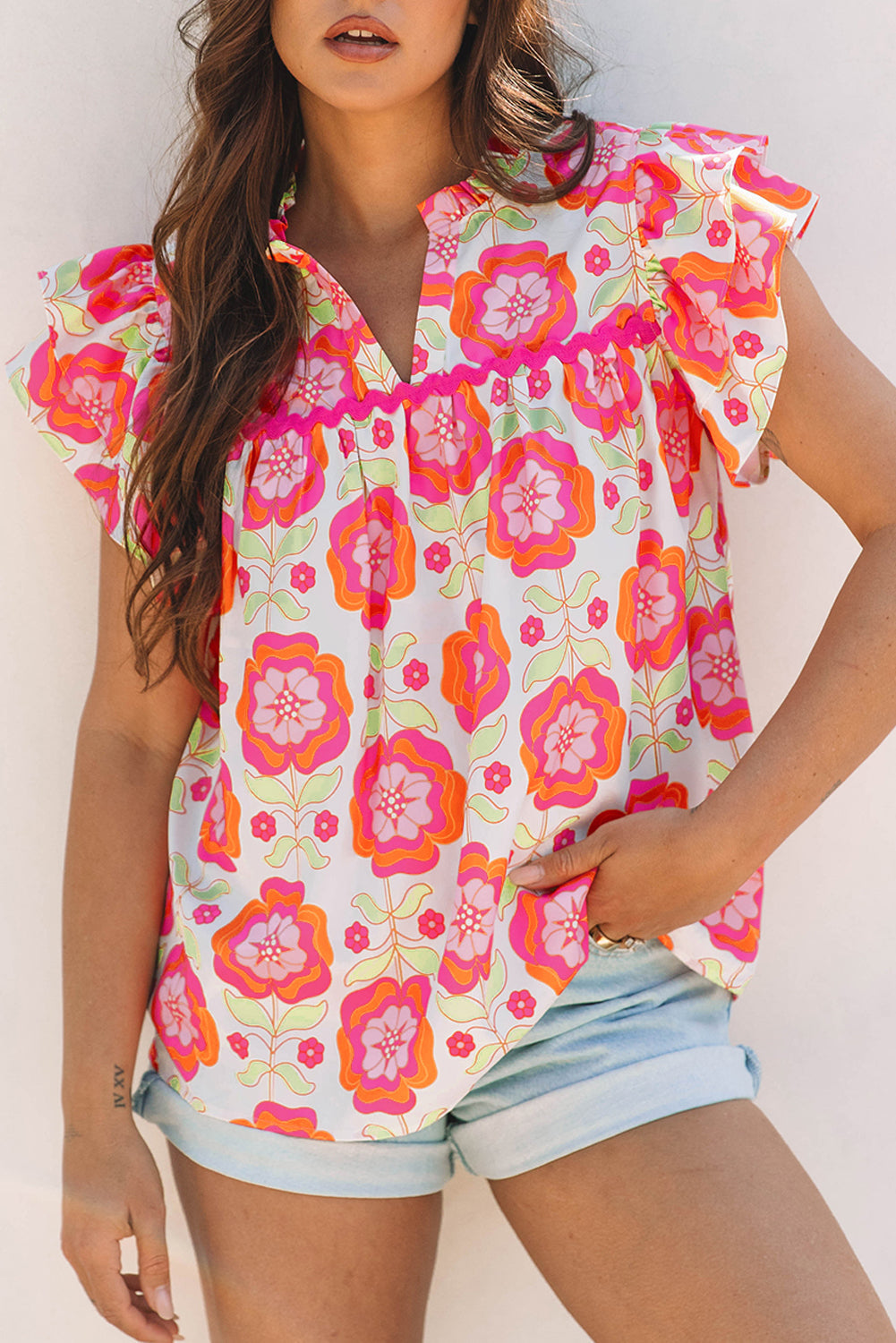 Floral Ric-Rac Ruffle Sleeve Blouse