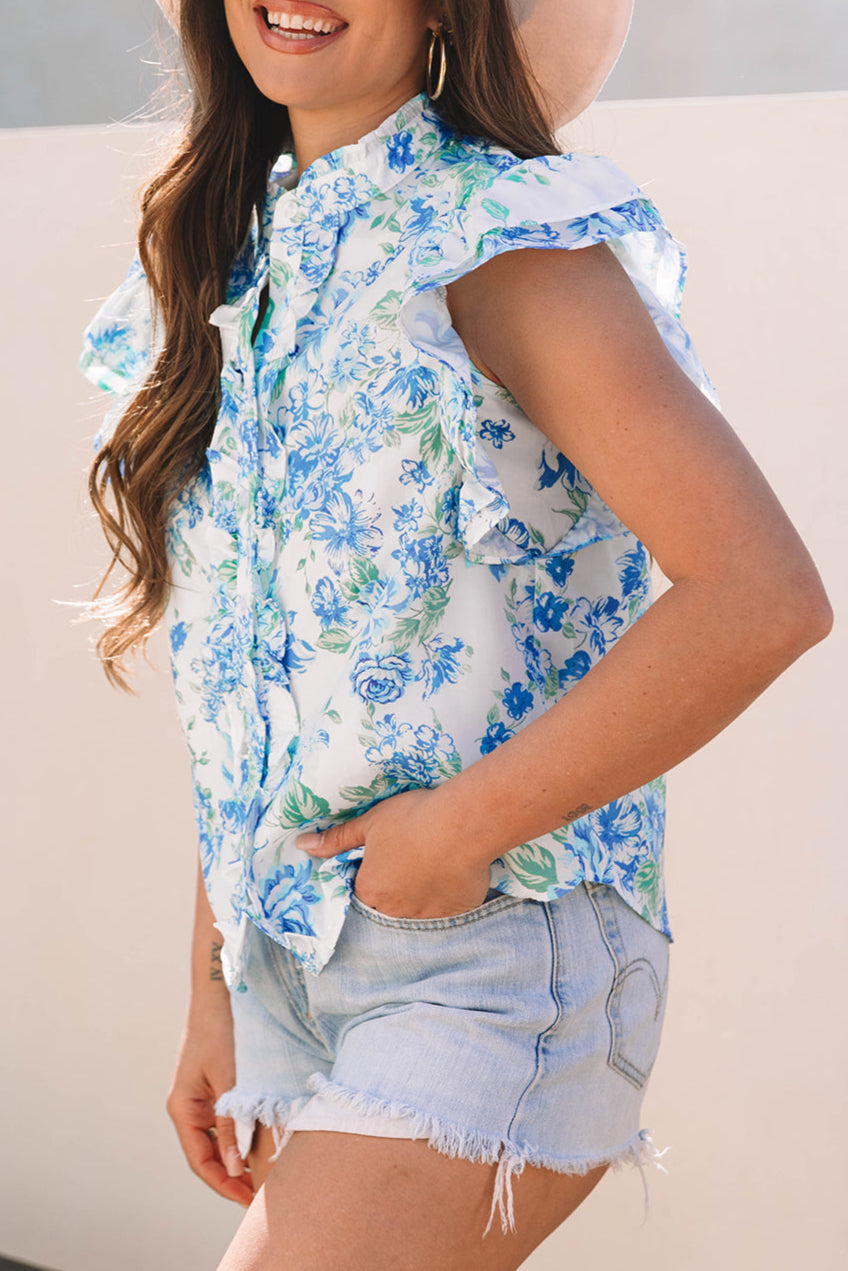 Floral Ruffle Sleeve Buttoned Shirt