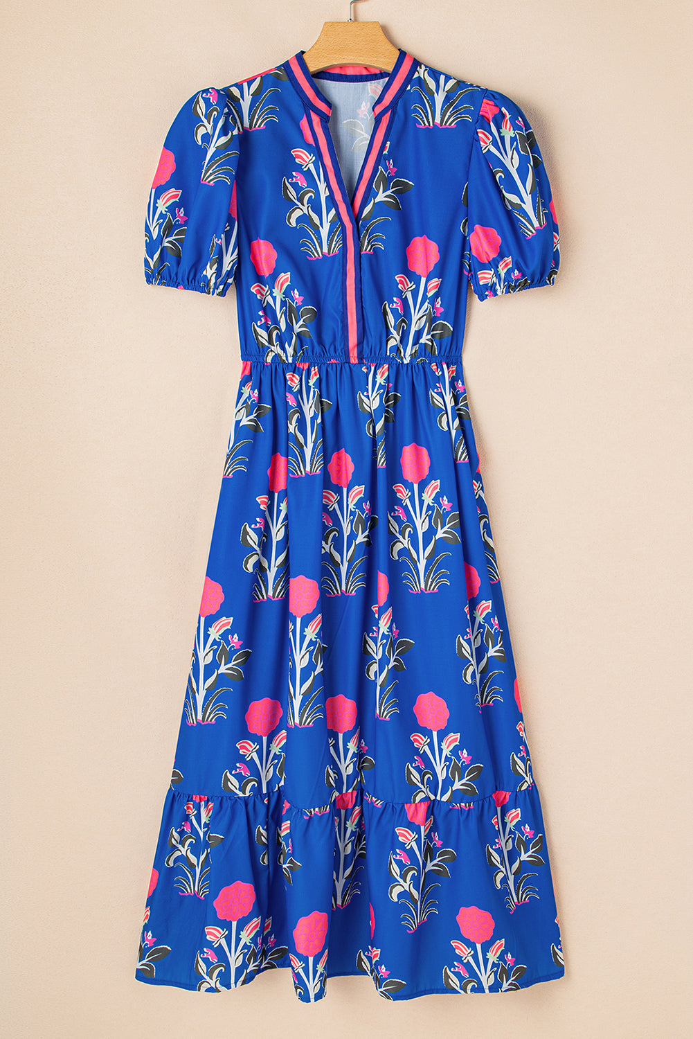 Floral Puff Sleeve V-Neck Midi Dress