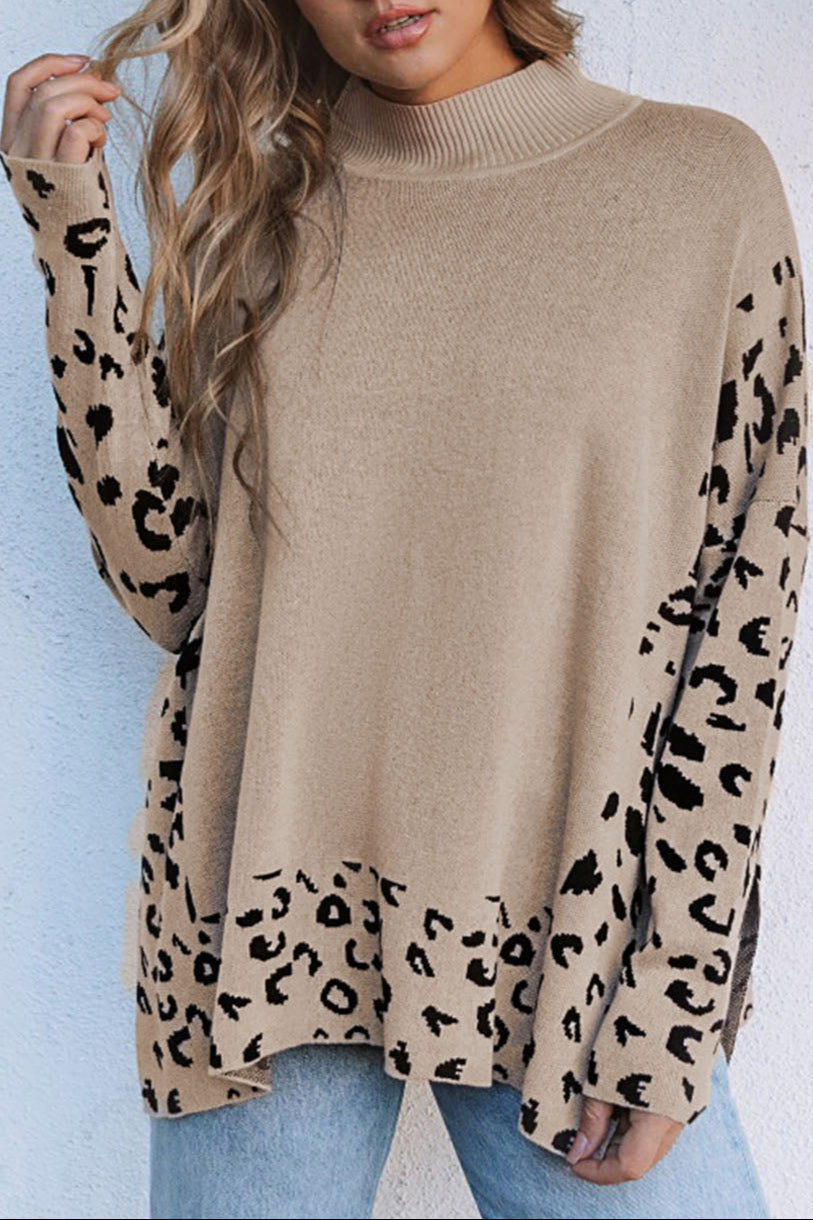 Leopard Colorblock Mock Neck Sweater
