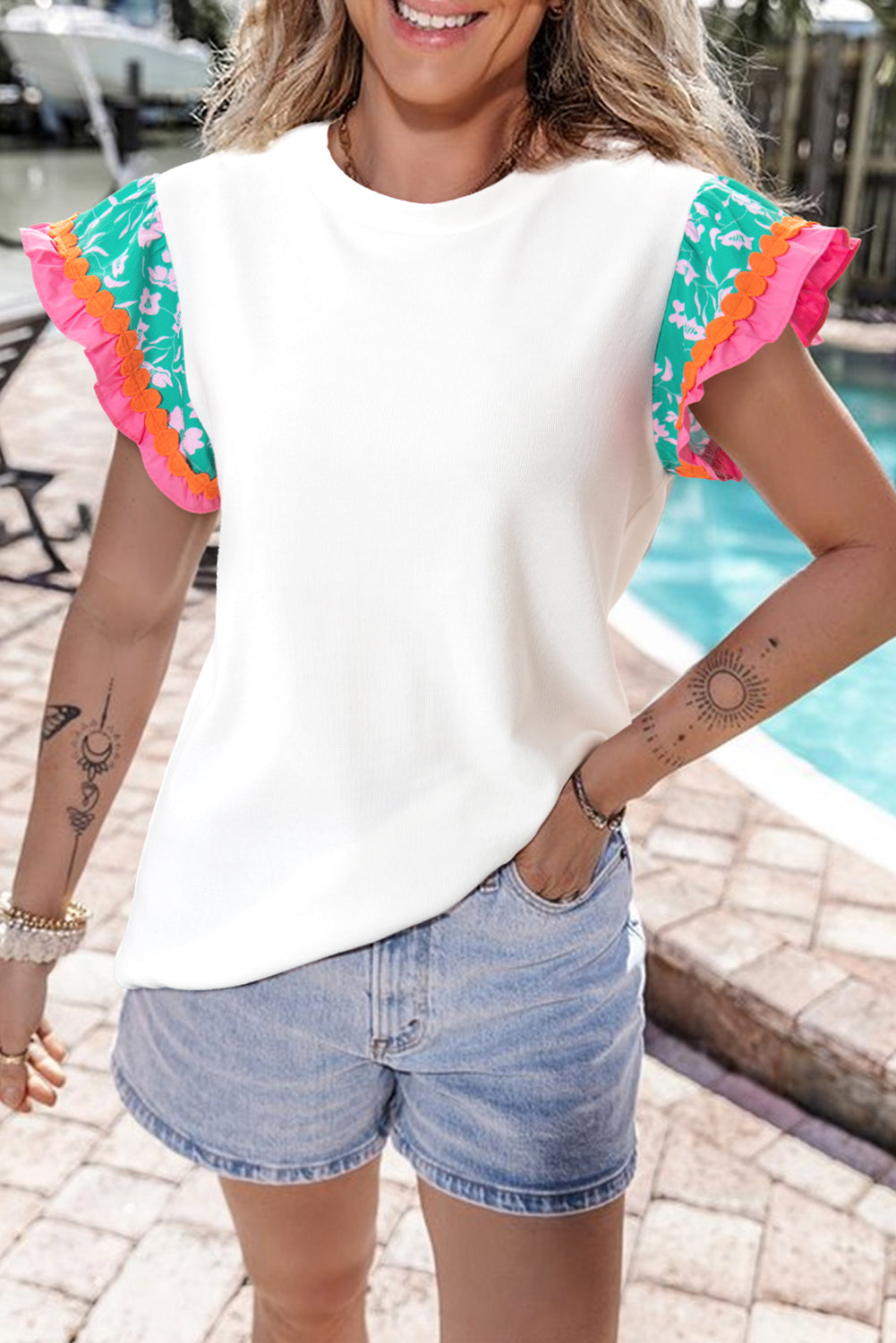 Floral Ric-Rac Contrast Short Sleeve Top