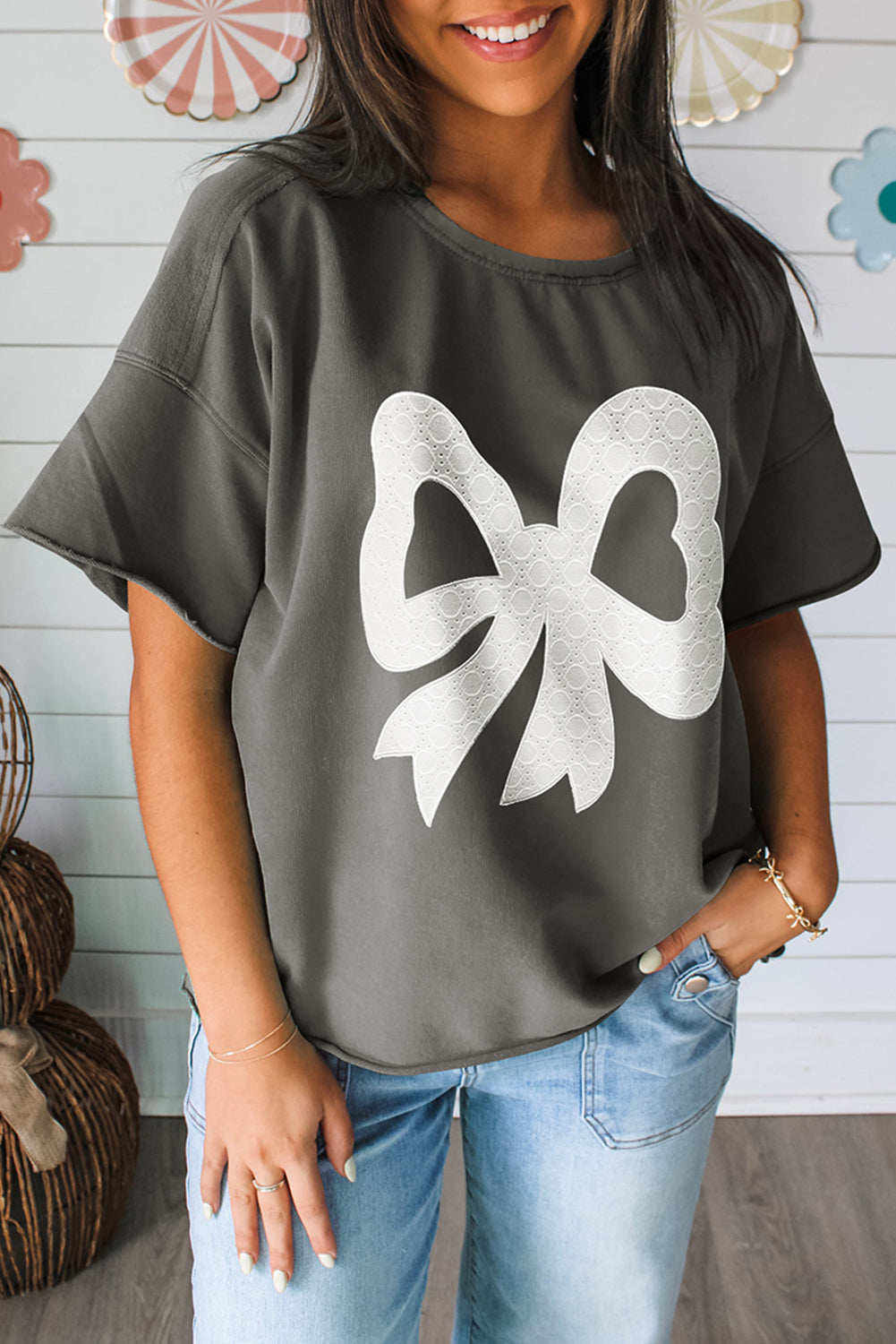 Lace Bow Raw Edge T-Shirt