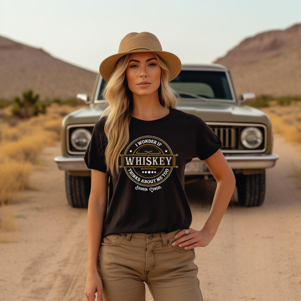 I Wonder if Whiskey Thinks About Me Too Graphic Tee - Bourbon Cowgirl