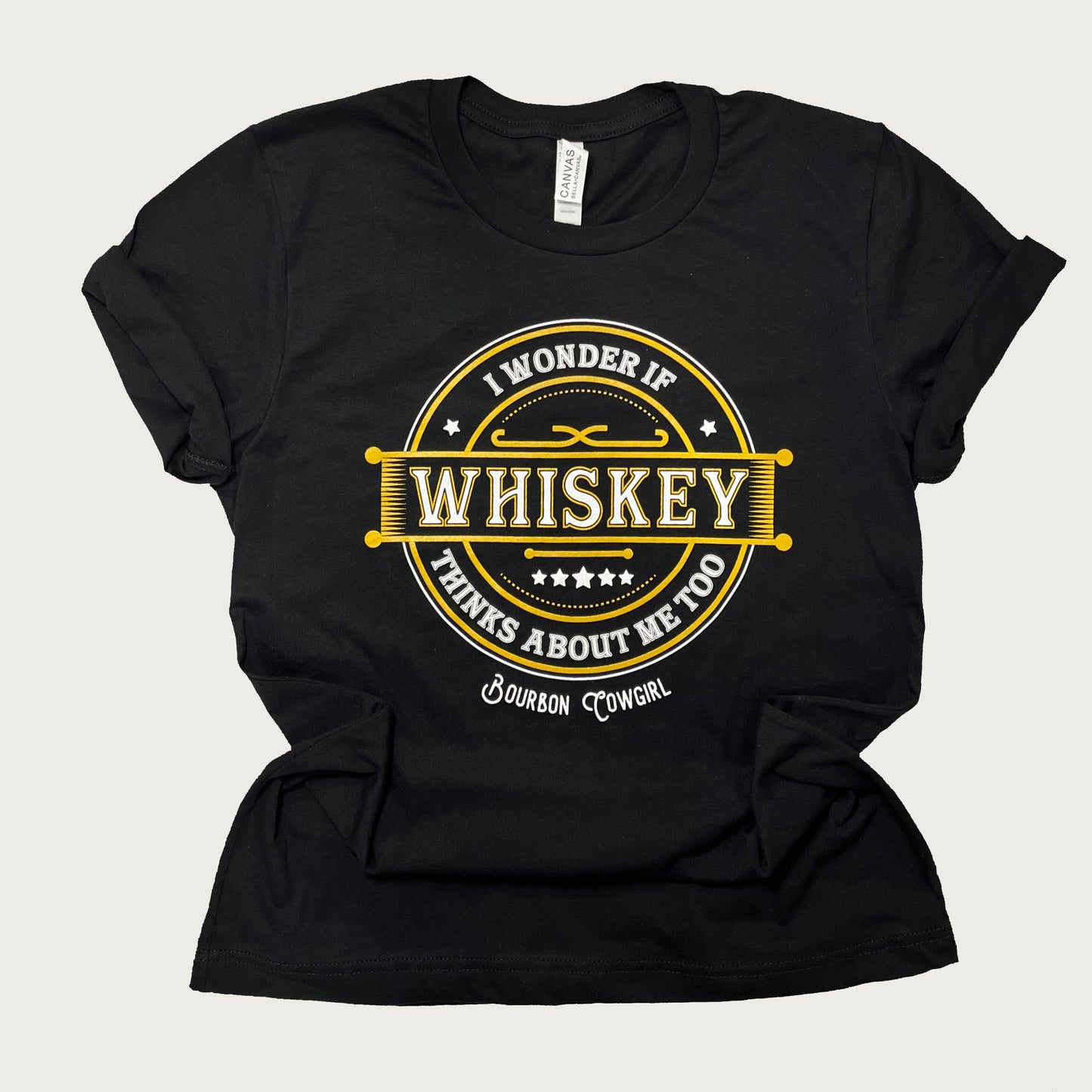 I Wonder if Whiskey Thinks About Me Too Graphic Tee - Bourbon Cowgirl