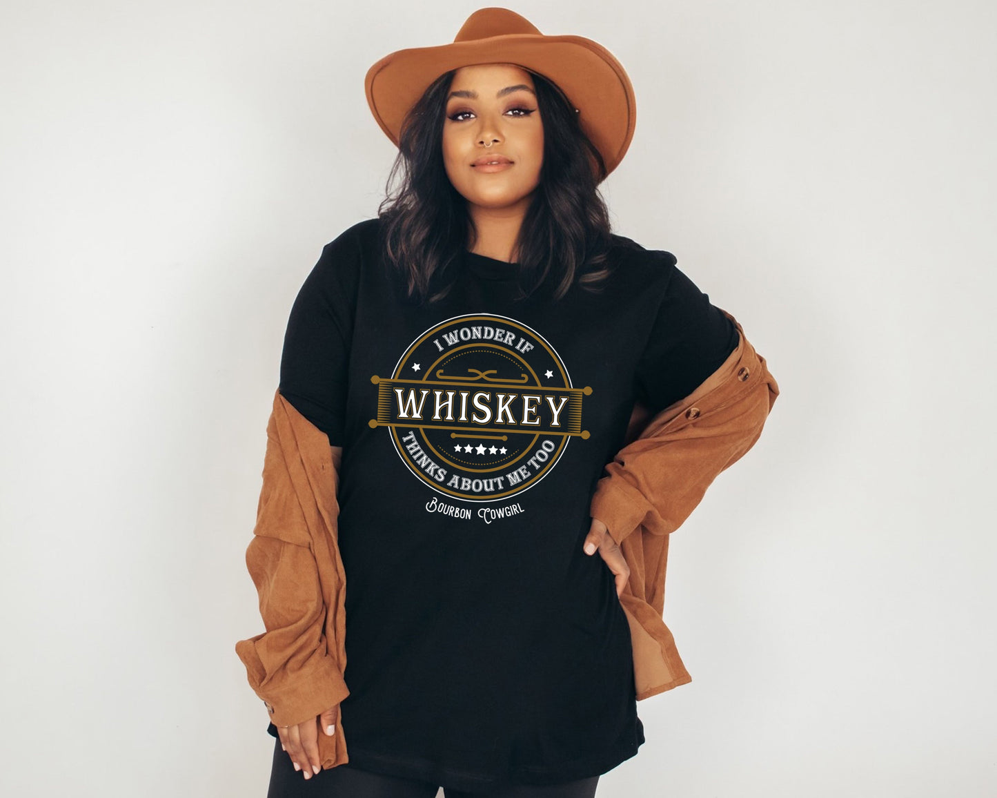 I Wonder if Whiskey Thinks About Me Too Graphic Tee - Bourbon Cowgirl