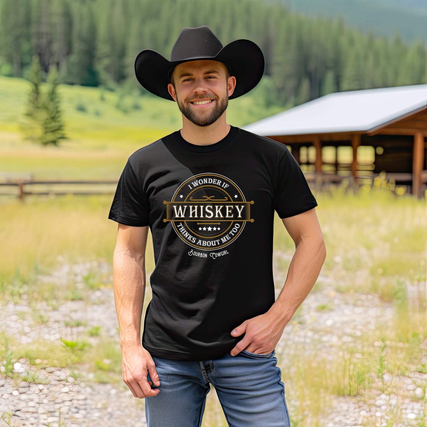 I Wonder if Whiskey Thinks About Me Too Graphic Tee - Bourbon Cowgirl