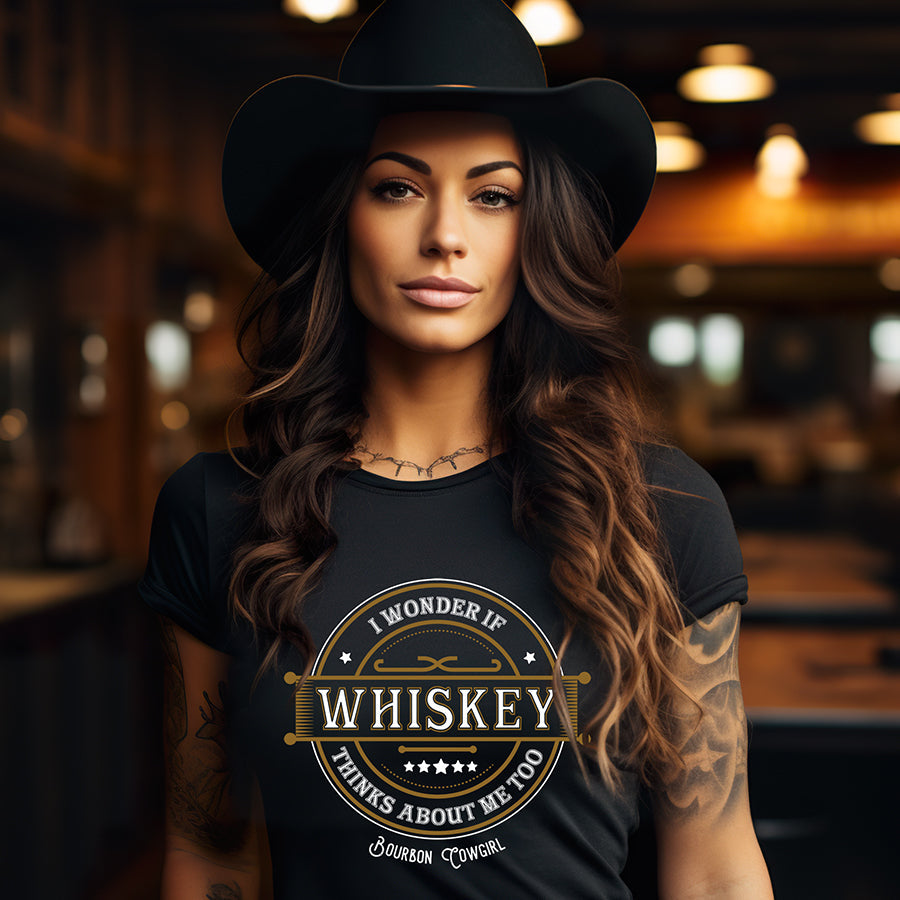 I Wonder if Whiskey Thinks About Me Too Graphic Tee - Bourbon Cowgirl
