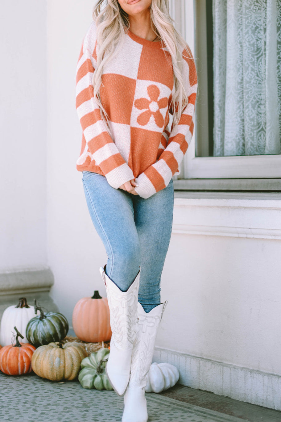 Checker Floral Stripe Patchwork Sweater