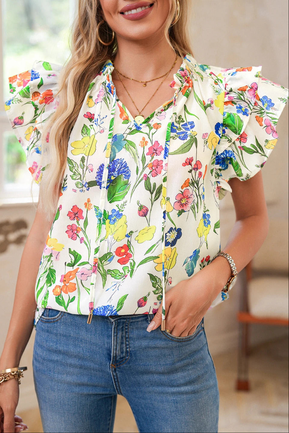 Floral Ruffle Tiered Sleeve Blouse
