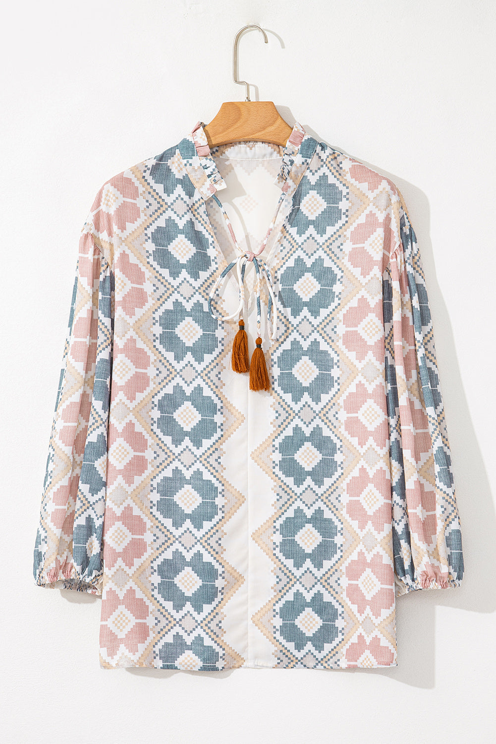 Geometric Tassel Tie V-Neck Blouse