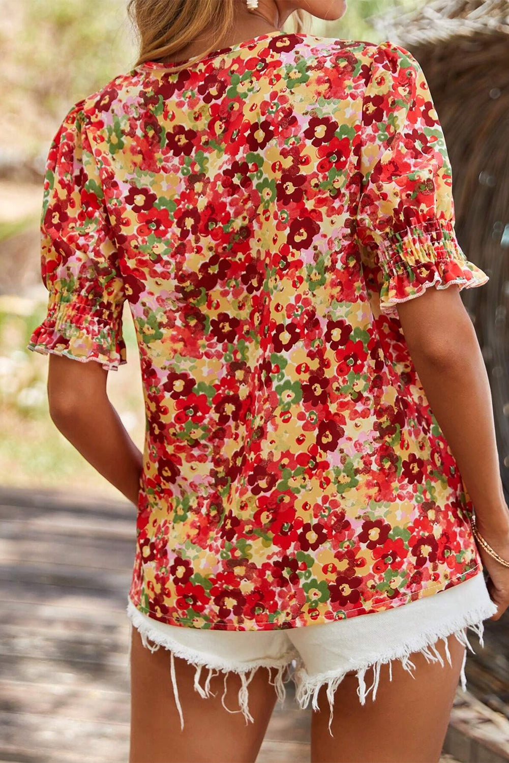 Floral Pleated Wrap V-Neck Blouse