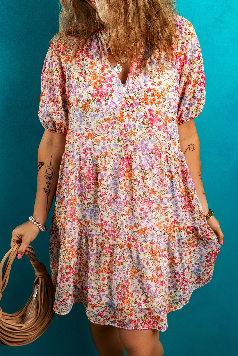 Floral Frilled V-Neck Puff Sleeve Dress