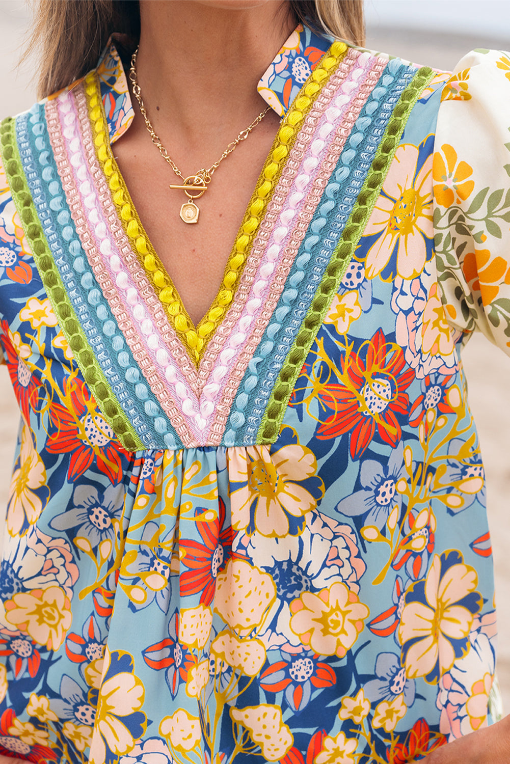 Boho Floral Crochet V-Neck Blouse