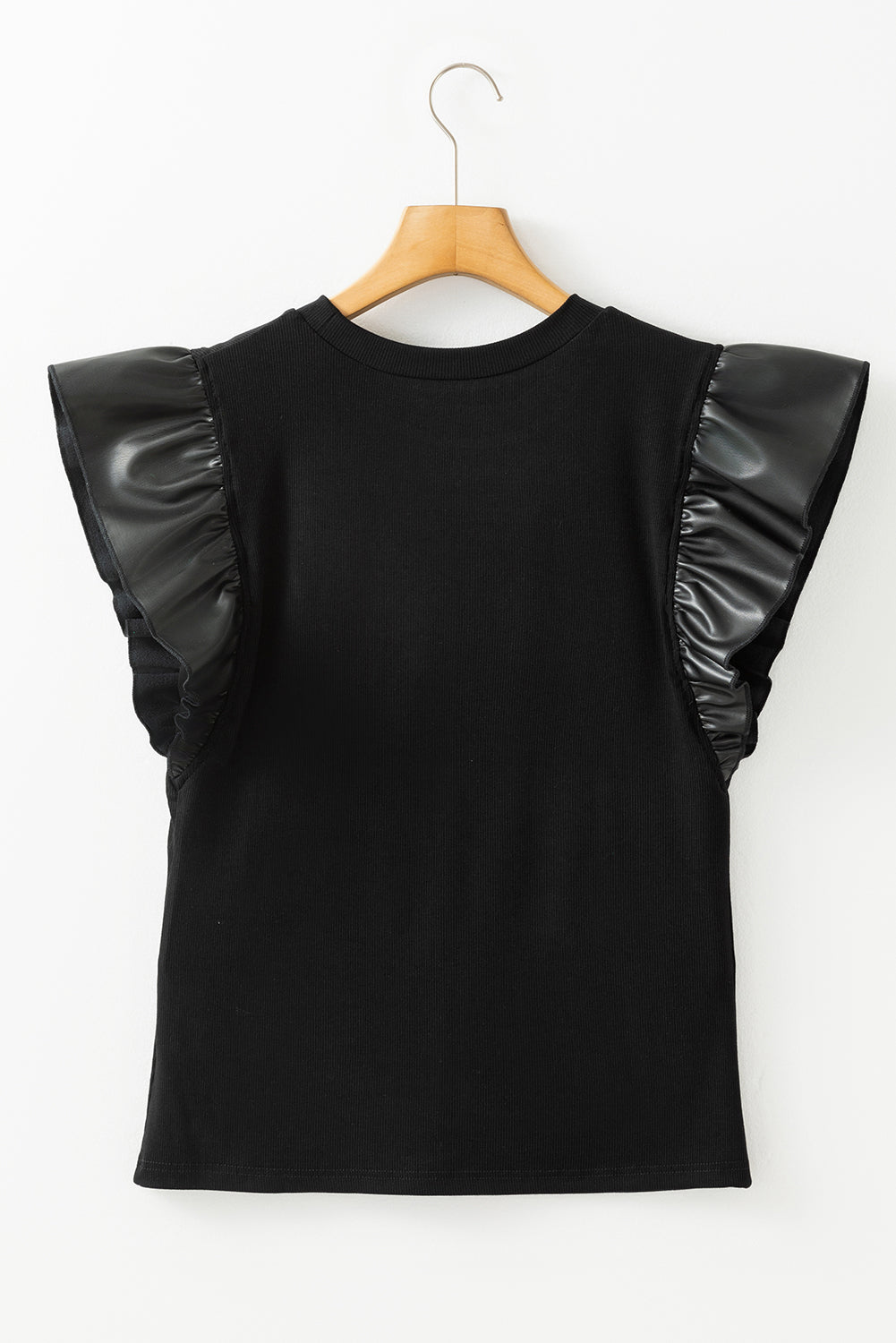 Leather Patchwork Ruffle Sleeve Blouse