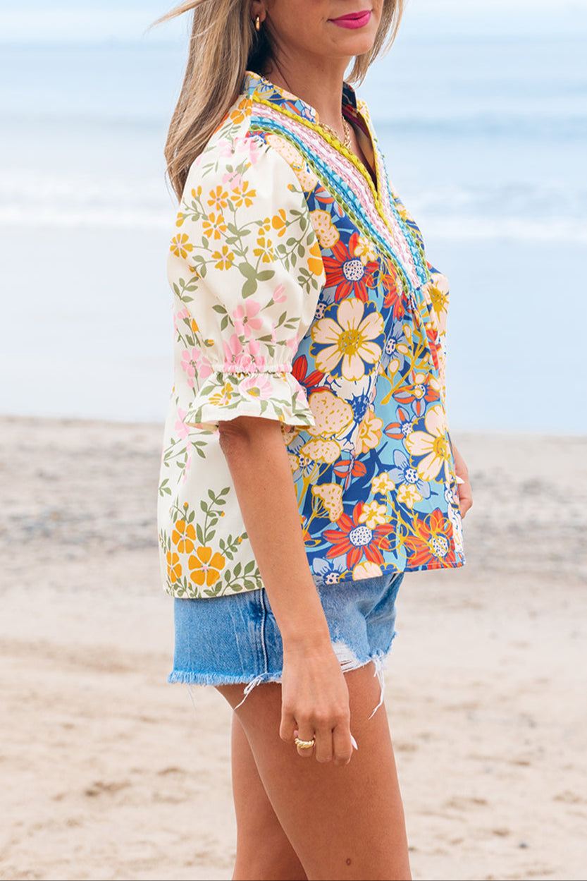 Boho Floral Crochet V-Neck Blouse