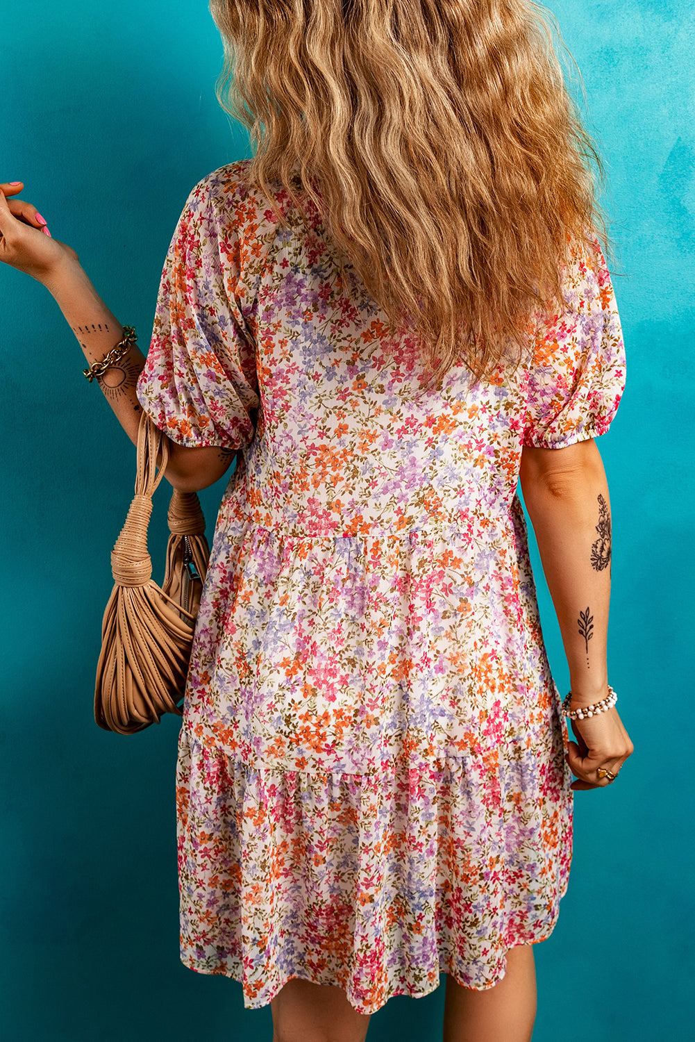 Floral Frilled V-Neck Puff Sleeve Dress