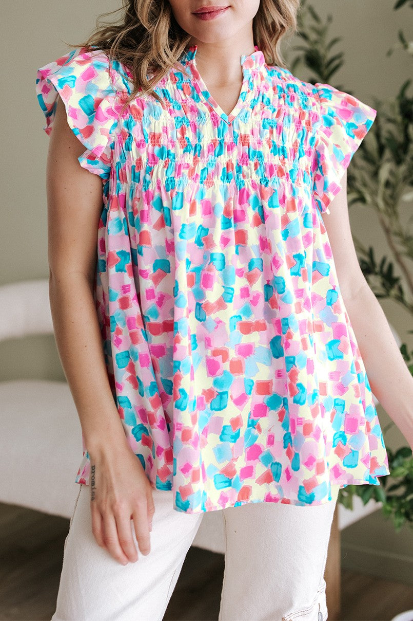 Abstract Shirred Ruffle Sleeve Blouse