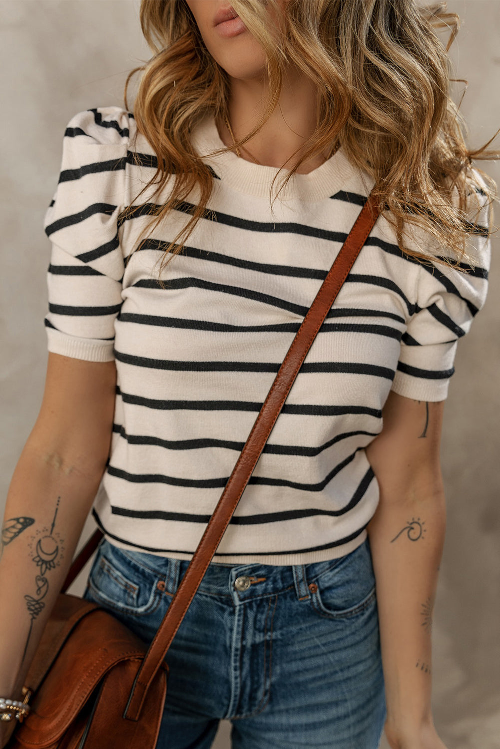 Stripe Ruched Bubble Sleeve Top