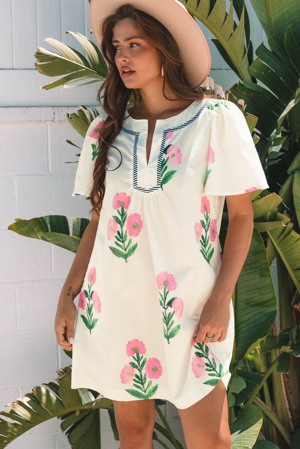 Floral Split Neck Mini Dress