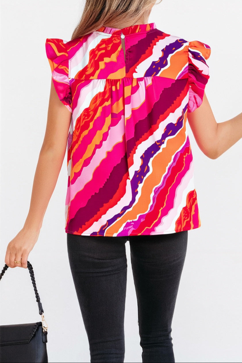 Abstract Shirred Ruffle Sleeve Blouse
