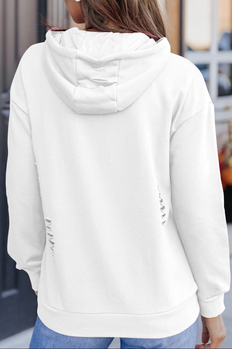 Solid Ripped Hooded Sweatshirt