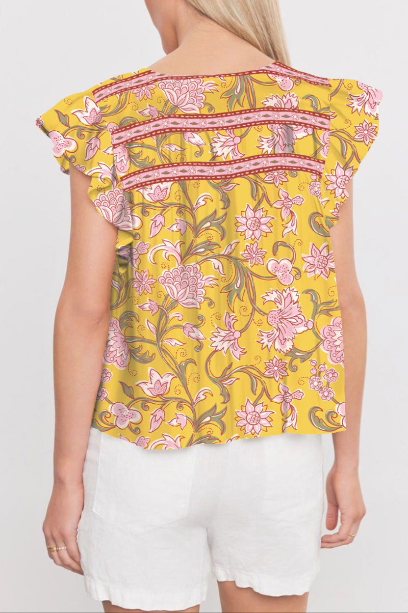 Floral Ruffle Sleeve Notched Neck Blouse