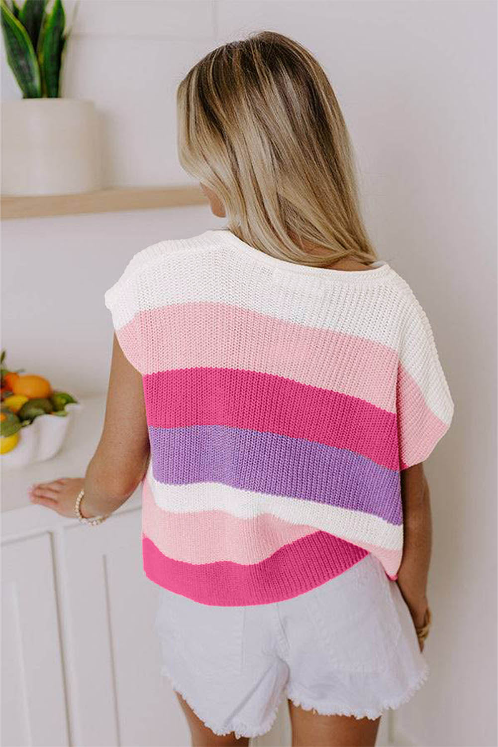 Colorblock Notched V-Neck Sweater T-Shirt