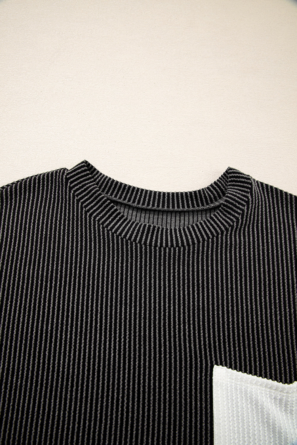 Colorblock Corded Knit Chest Pocket T-Shirt