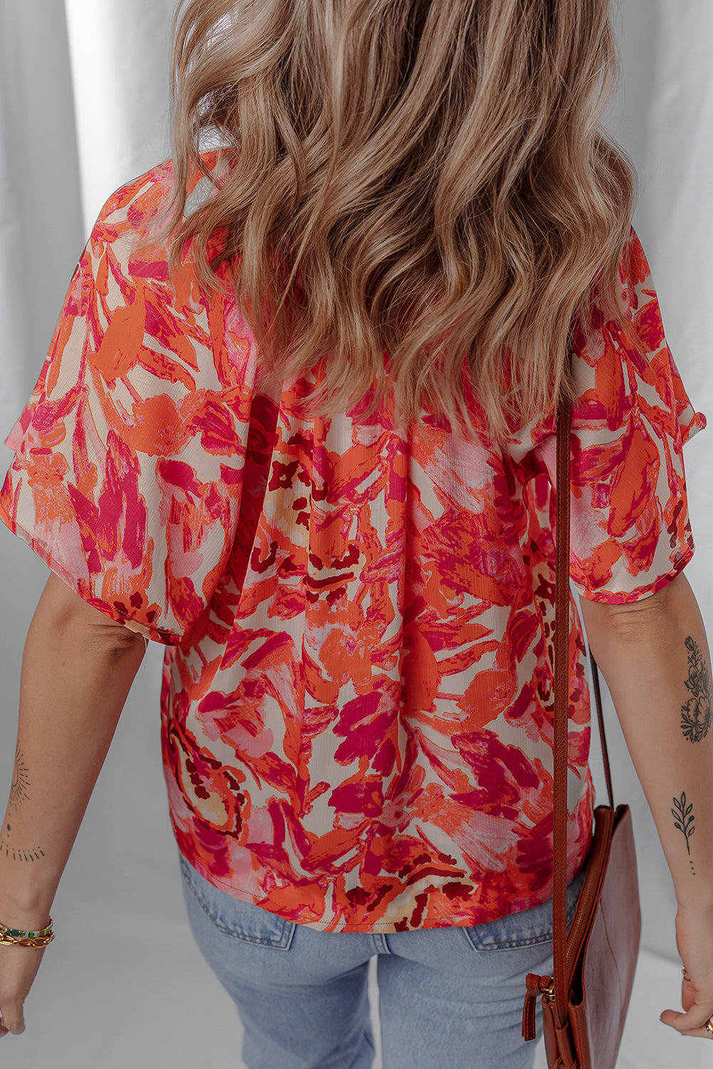 Abstract Stripe Trim Split Neck Blouse