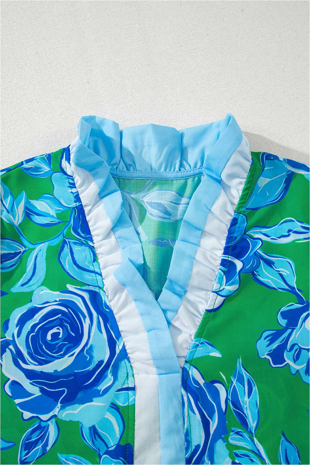 Floral Contrast Frilled V-Neck Blouse