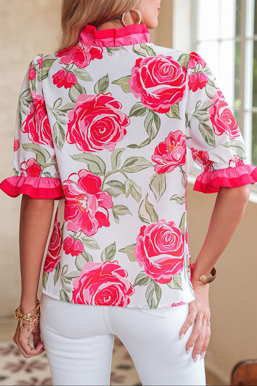 Floral Contrast Frilled V-Neck Blouse