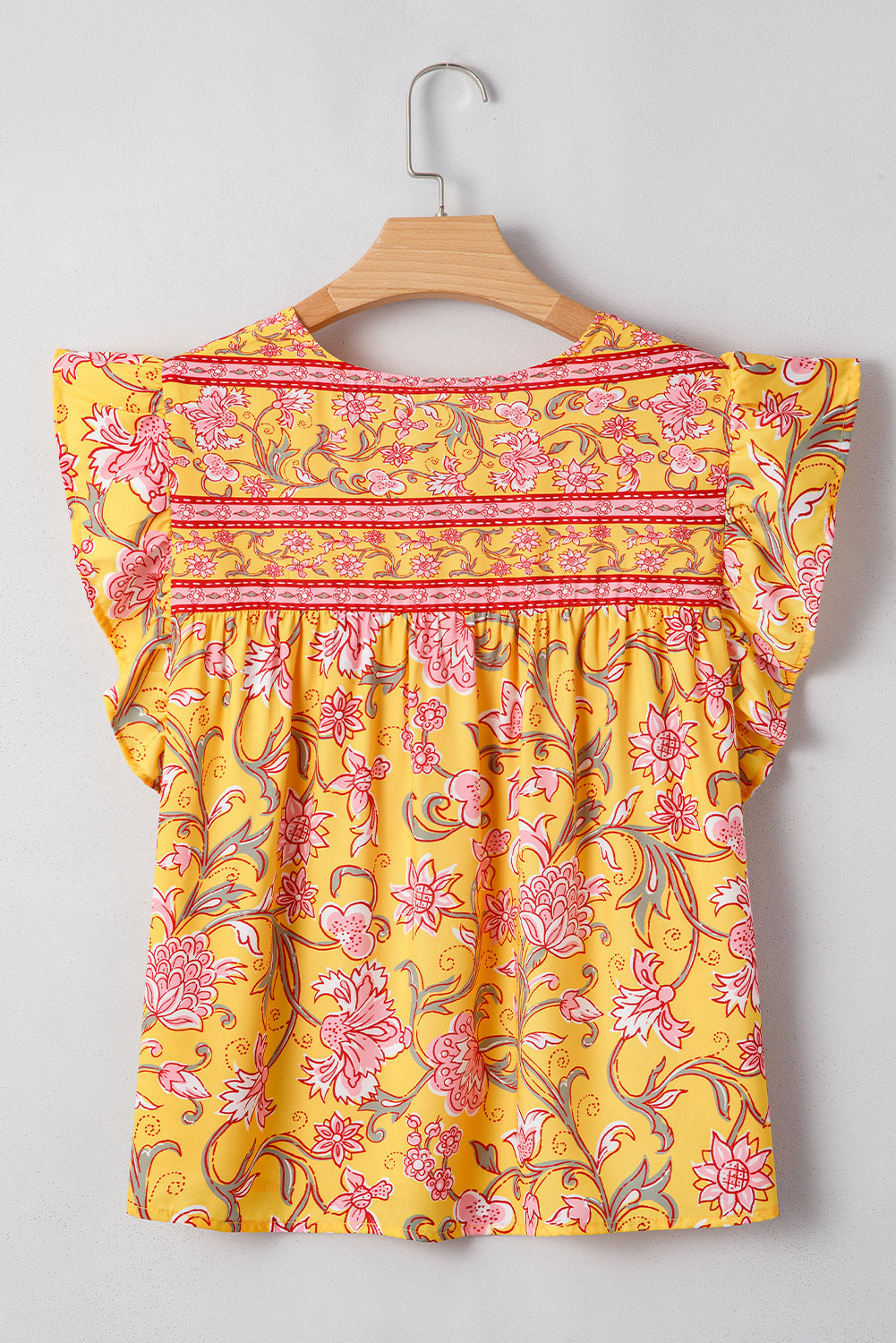 Floral Ruffle Sleeve Notched Neck Blouse