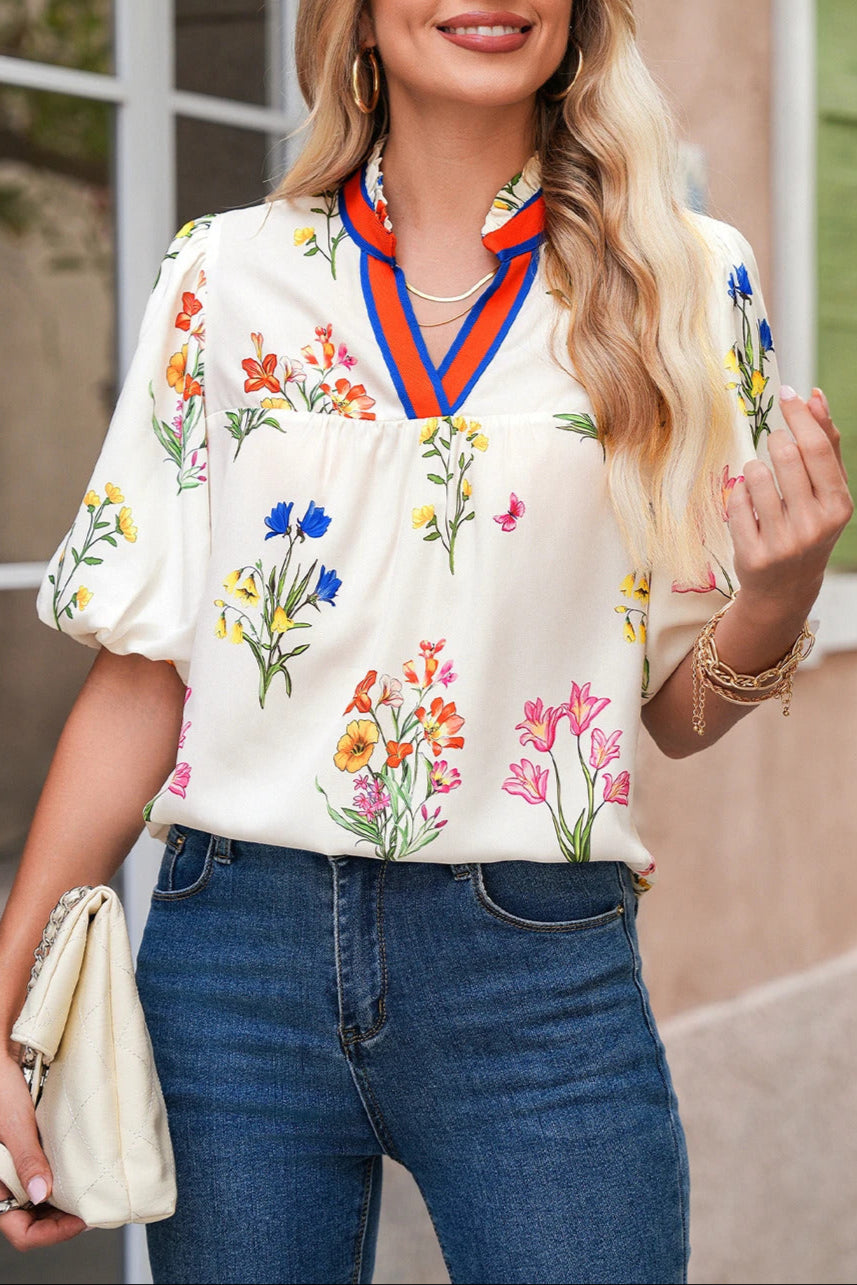 Floral Contrast Puff Sleeve Blouse