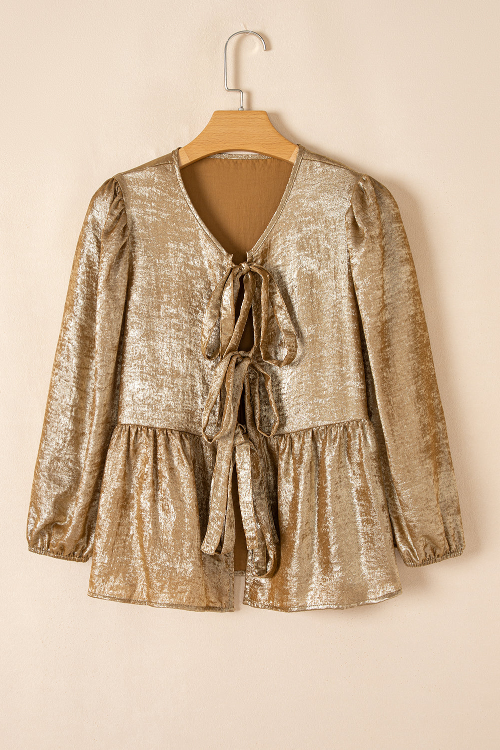 Metallic Bow Tie Front Peplum Blouse