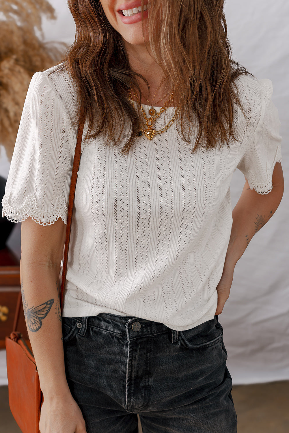 Lace Trim Textured T-Shirt