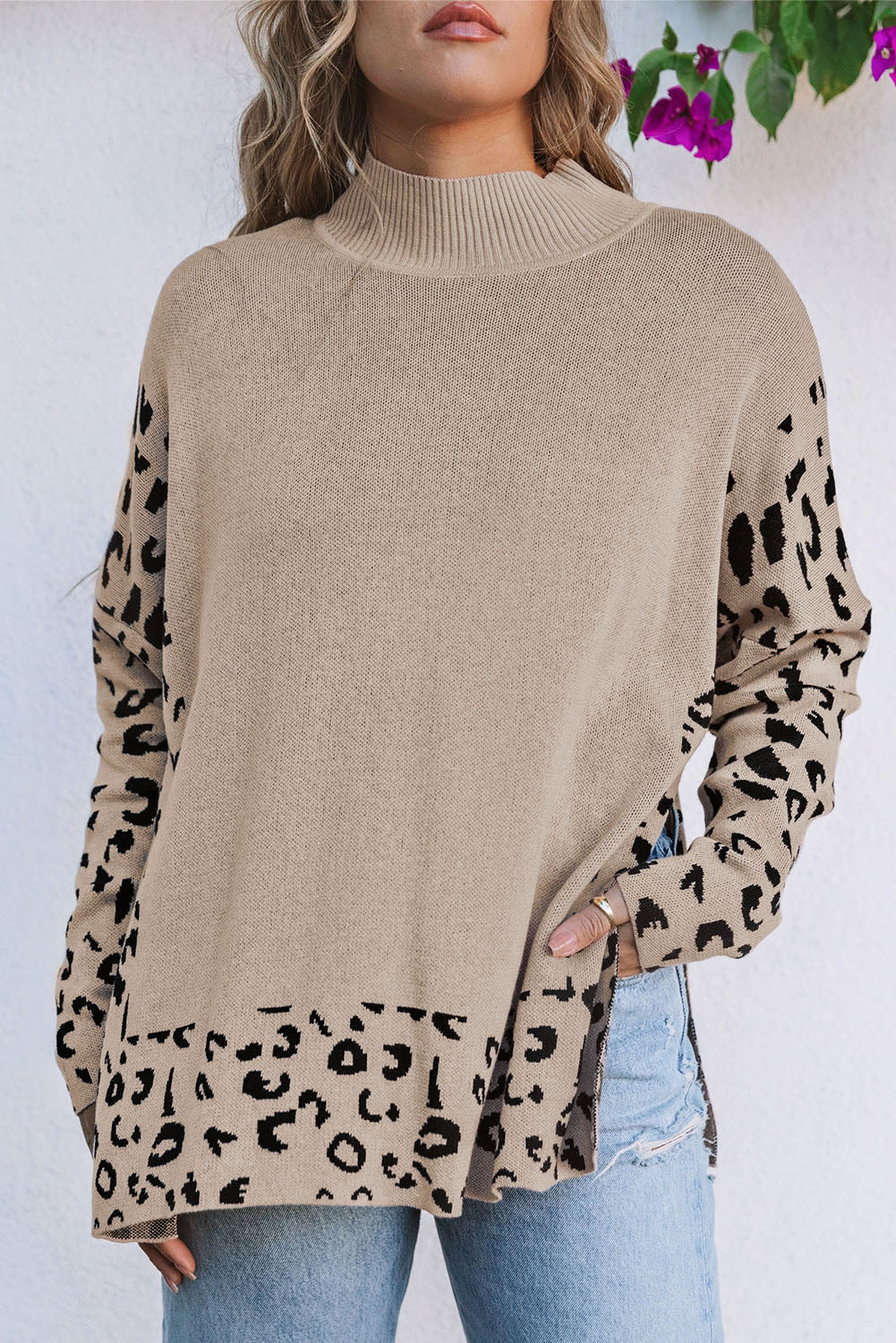 Leopard Colorblock Mock Neck Sweater