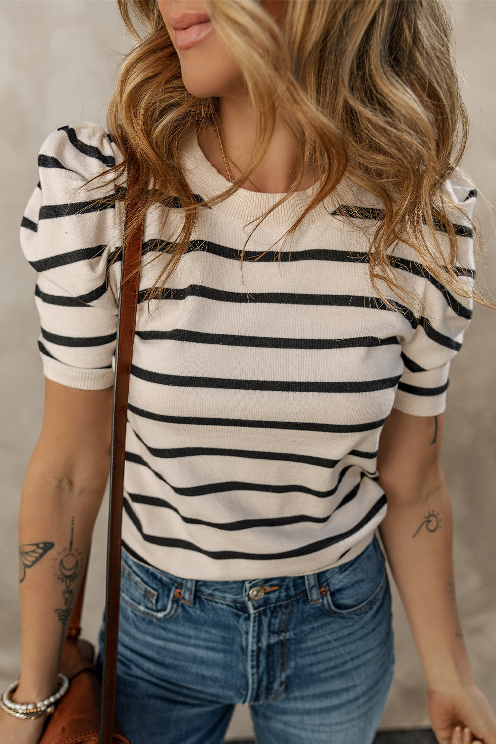 Stripe Ruched Bubble Sleeve Top