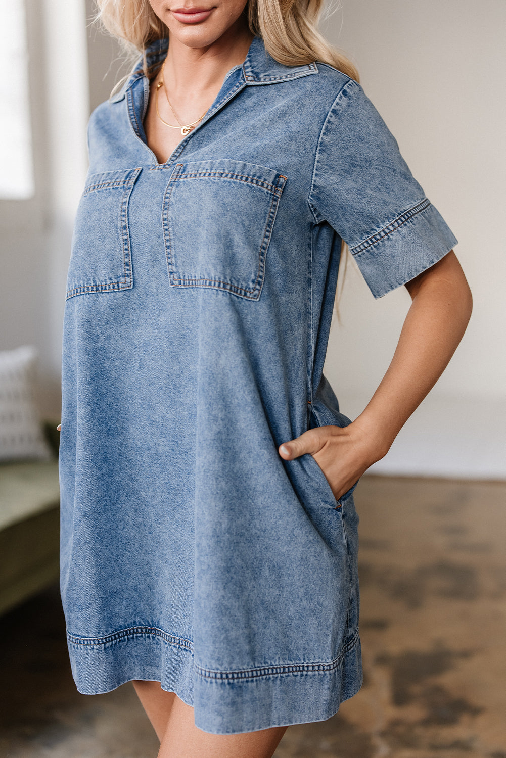 Denim Collared V-Neck Pocketed Dress