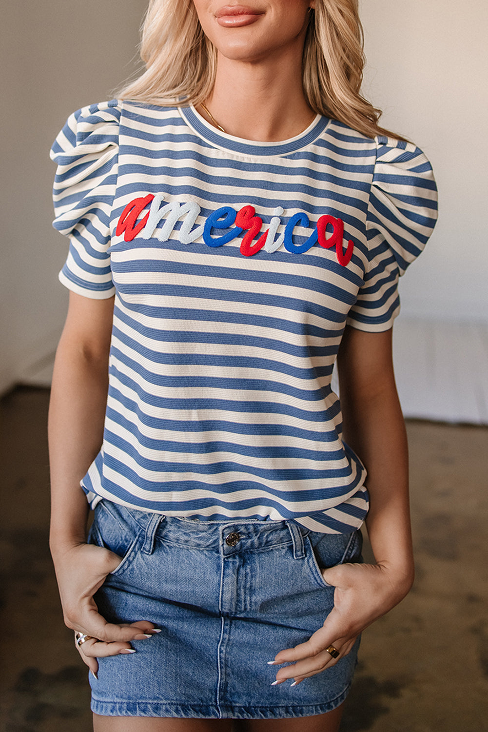 America Stripe Puff Sleeve T-Shirt