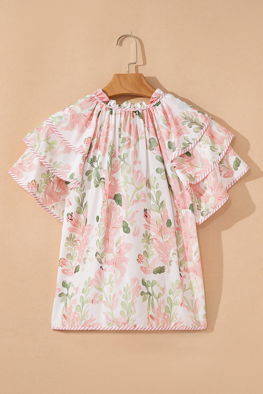 Floral Stripe Contrast Ruffle Sleeve Blouse